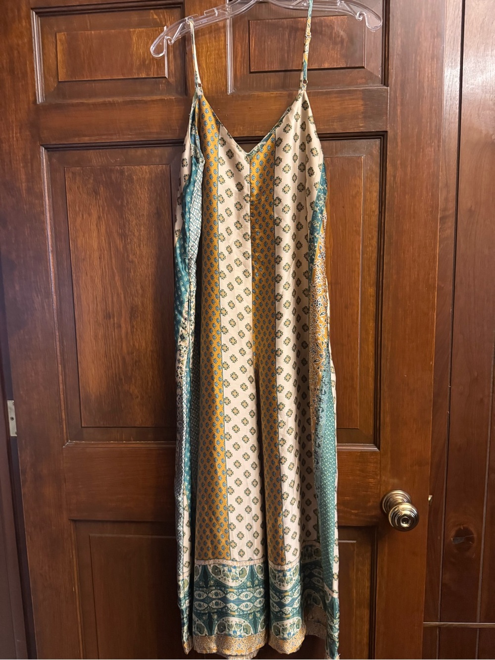 Vici Teal, Cream & Gold Patterned Satin Slip Maxi Dress